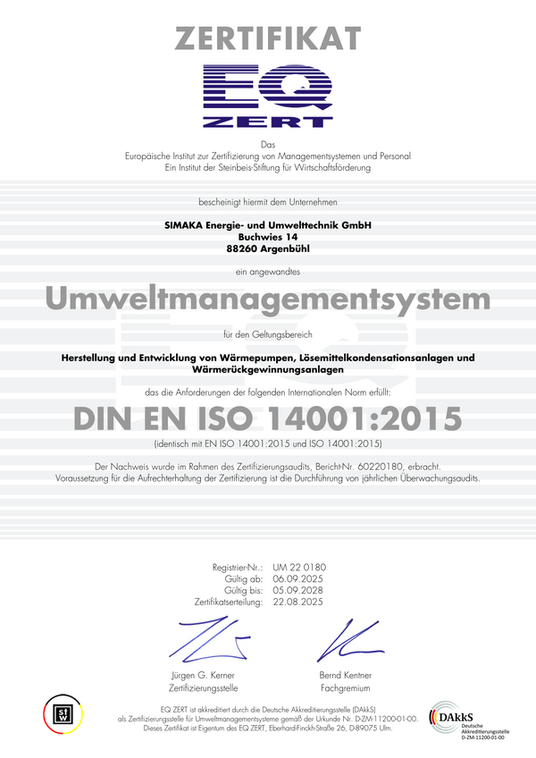 Zertifikat für das Umweltmanagementsystem nach DIN EN ISO 14001:2015 für die SIMAKA Energie- und Umwelttechnik GmbH.